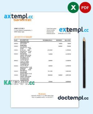 sample Spain Bankinter bank statement, Excel and PDF template download