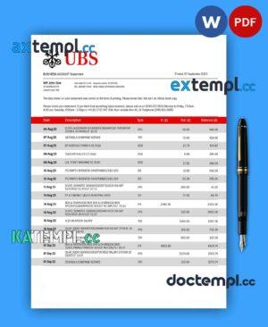 sample UBS Bank corporate checking account statement Word and PDF template download