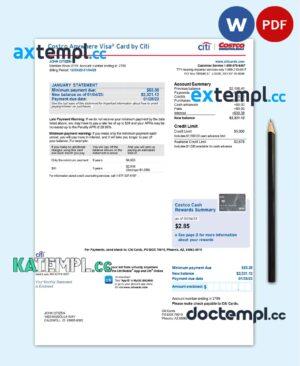 sample USA Citi bank card statement Word and PDF template, 2 pages download
