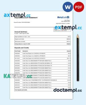 sample USA Metabank deposit account statement, Word and PDF template, 3 pages download