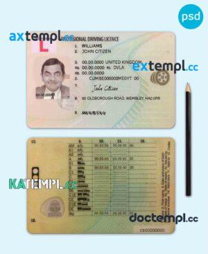sample United Kingdom provisional driving license PSD template, fully editable download