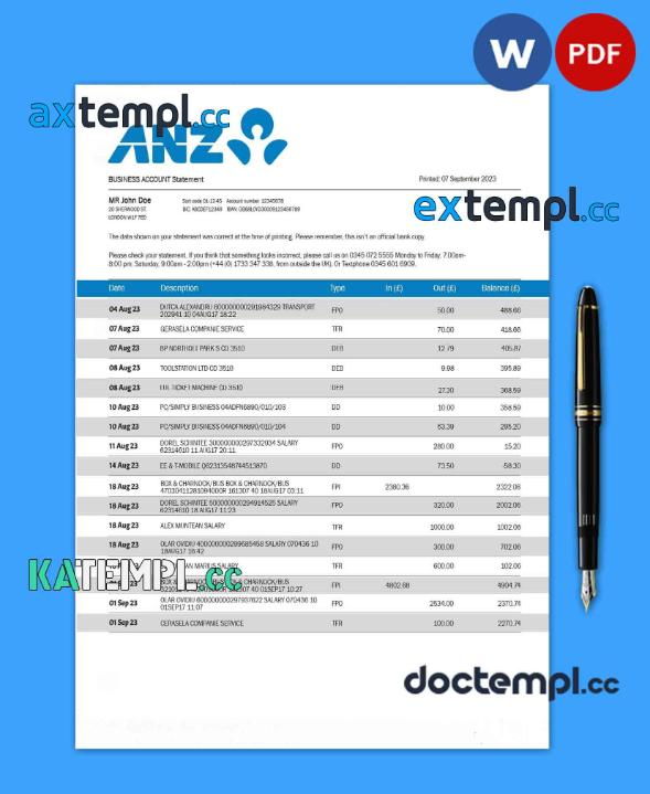 sample ANZ Bank corporate statement Word and PDF template download