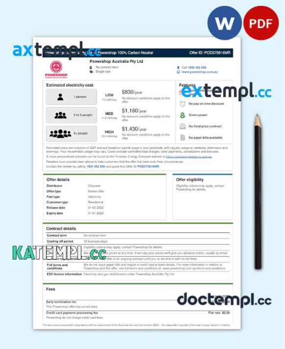 sample AUSTRALIA POWERSHOP utility bill Word and PDF template download