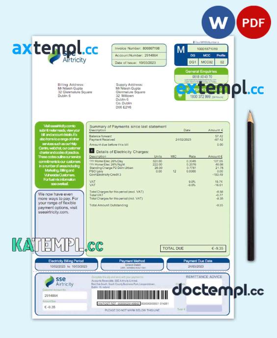 sample AUSTRALIA SSE AIRTRICITY utility bill Word and PDF template download
