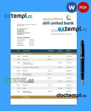 sample Ahli United Bank firm account statement Word and PDF template download