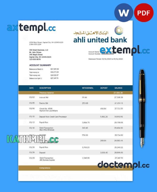 sample Ahli United Bank firm account statement Word and PDF template download
