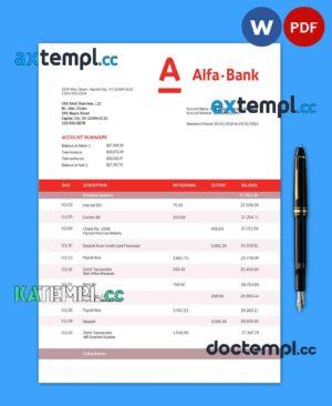sample Alfa Bank organization checking account statement Word and PDF template download