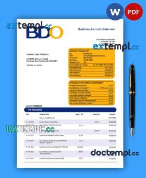 sample BDO Bank organization statement Word and PDF template download
