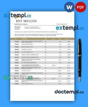 sample BNY Mellon Bank company checking account statement Word and PDF template download