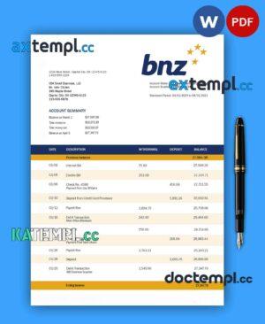 sample Bnz Bank organization account statement Word and PDF template download