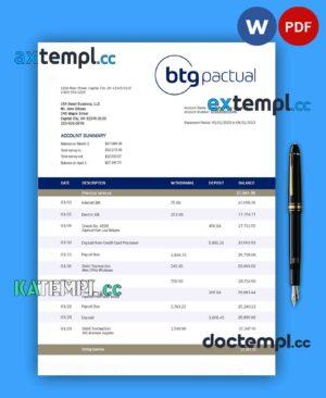 sample Btg Pactual Bank business checking account statement Word and PDF template download