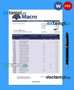 sample Banco Macro organization checking account statement Word and PDF template download