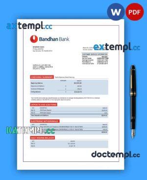 sample Bandhan Bank organization account statement Word and PDF template download