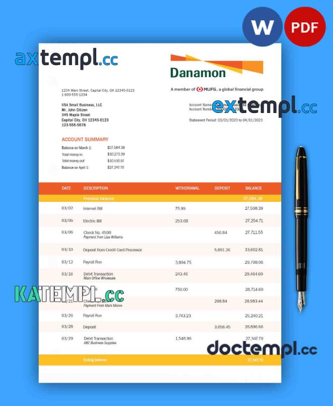 sample Bank Danamon enterprise account statement Word and PDF template download