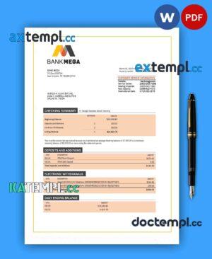 sample BANK Mega corporate checking account statement Word and PDF template download