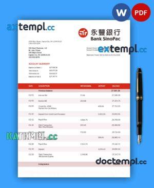 sample Bank Sinopac enterprise account statement Word and PDF template download