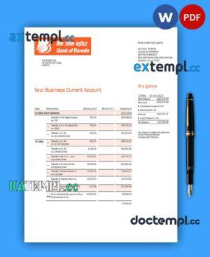 sample BANK of Baroda company checking account statement Word and PDF template download