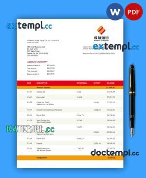 sample BANK of Chengdu business statement Word and PDF template download