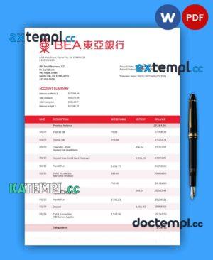 sample BANK of East Asia firm account statement Word and PDF template download