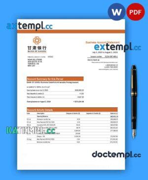sample Bank of Gansu business checking account statement Word and PDF template download