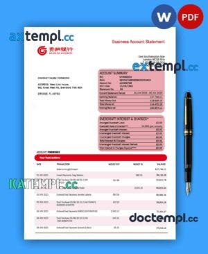 sample Bank of Guizhou business checking account statement Word and PDF template download