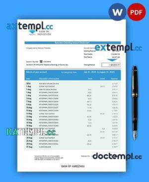 sample BANK of Hangzhou company statement Word and PDF template download