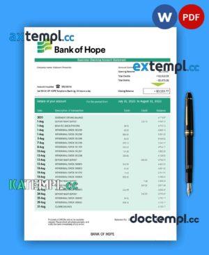 sample Bank of Hope company checking account statement Word and PDF template download