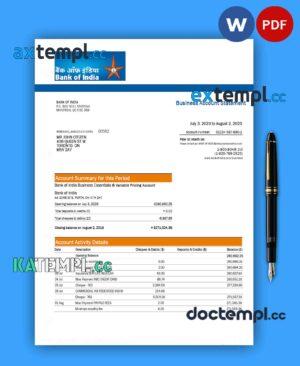 sample Bank of India company checking account statement Word and PDF template download
