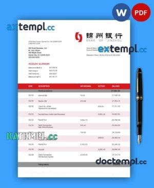 sample Bank of Jinzhou organization account statement Word and PDF template download