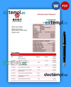 sample BANK of Nanjing corporate checking account statement Word and PDF template download