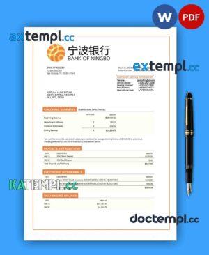 sample BANK of Ningbo business bank statement Word and PDF template download