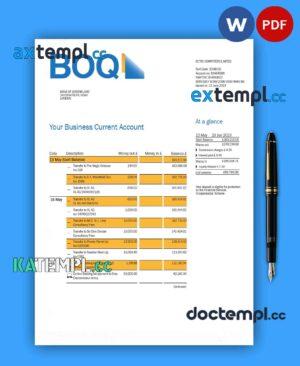 sample Bank of Queensland business checking account statement Word and PDF template download