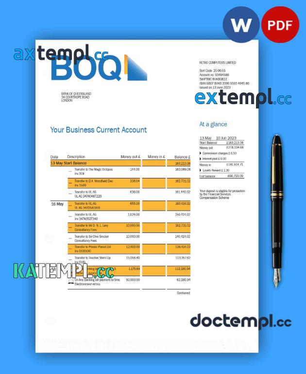 sample Bank of Queensland business checking account statement Word and PDF template download
