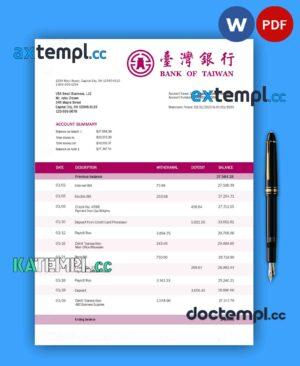 sample Bank of Taiwan company checking account statement Word and PDF template download