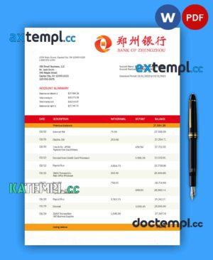sample BANK of Zhengzhou firm account statement Word and PDF template download