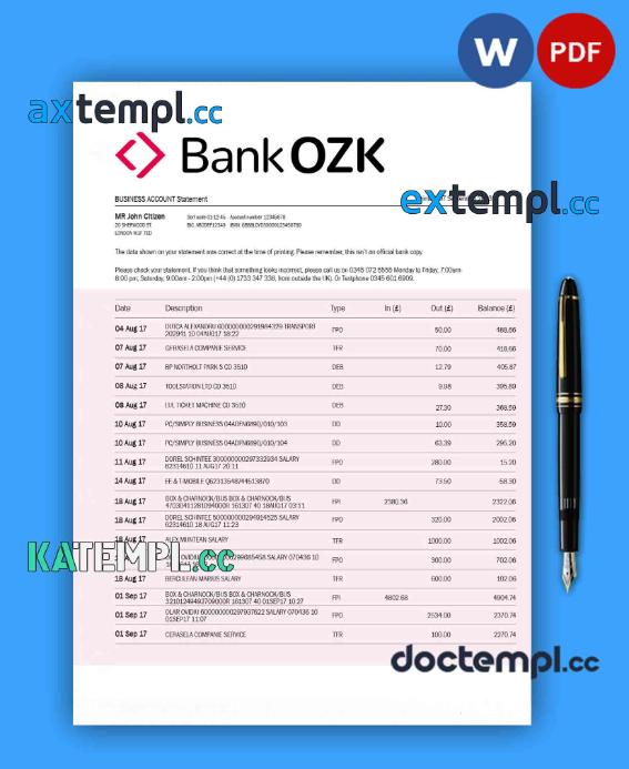 sample Bank of the Ozarks firm account statement Word and PDF template download