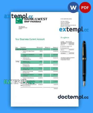 sample BANK of the West company checking account statement Word and PDF template download