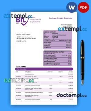 sample Banque Internationale a Luxembourg organization checking account statement Word and PDF template download