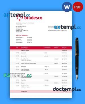 sample BRADESCO Bank corporate account statement Word and PDF template download