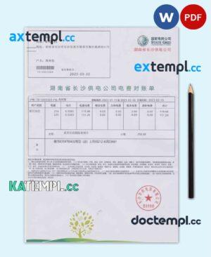 sample CHINA STATE POWER GRID utility bill Word and PDF template download