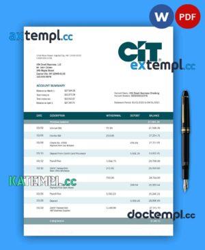 sample Cit Bank business checking account statement Word and PDF template download