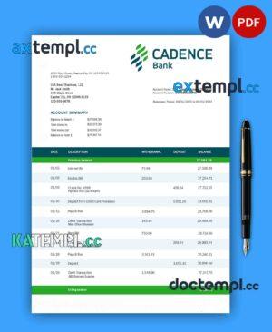 sample Cadence Bank corporate checking account statement Word and PDF template download
