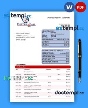 sample California Bank & Trust organization checking account statement Word and PDF template download