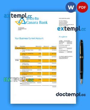 sample CANARA Bank corporate checking account statement Word and PDF template download