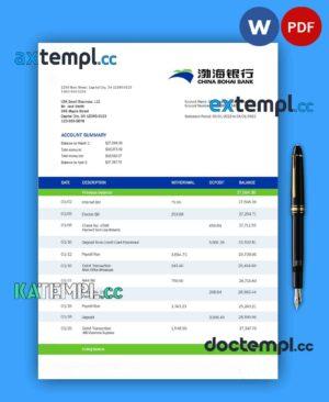 sample CHINA Bohai Bank business statement Word and PDF template download