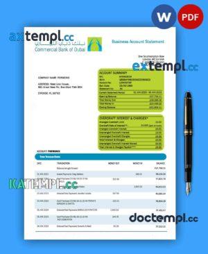 sample Commercial Bank of Dubai company checking account statement Word and PDF template download