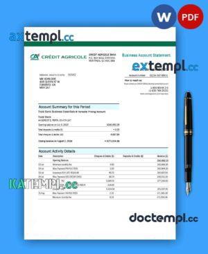 sample CREDIT Agricole Bank enterprise checking account statement Word and PDF template download