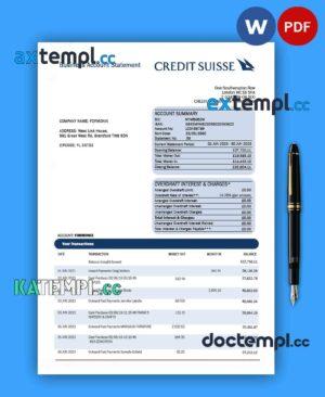 sample Credit Suisse bank corporate account statement Word and PDF template download