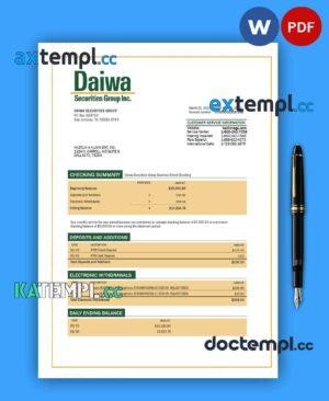 sample DAIWA Securities Group business bank statement Word and PDF template download