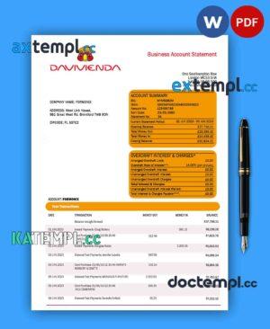 sample DAVIVIENDA Bank company checking account statement Word and PDF template download